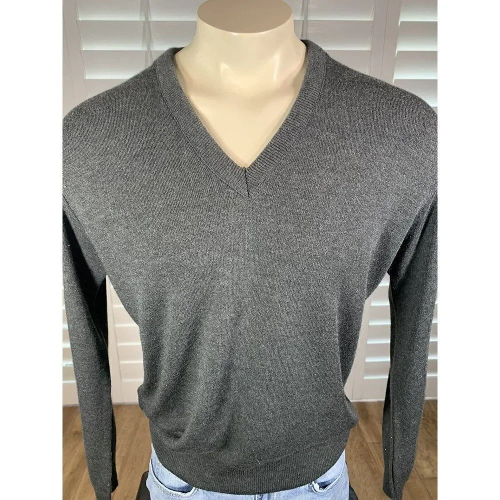 VTG 80s Jantzen Gray V-Neck Sweater Adult Large USA Made Lightweight Grandpa